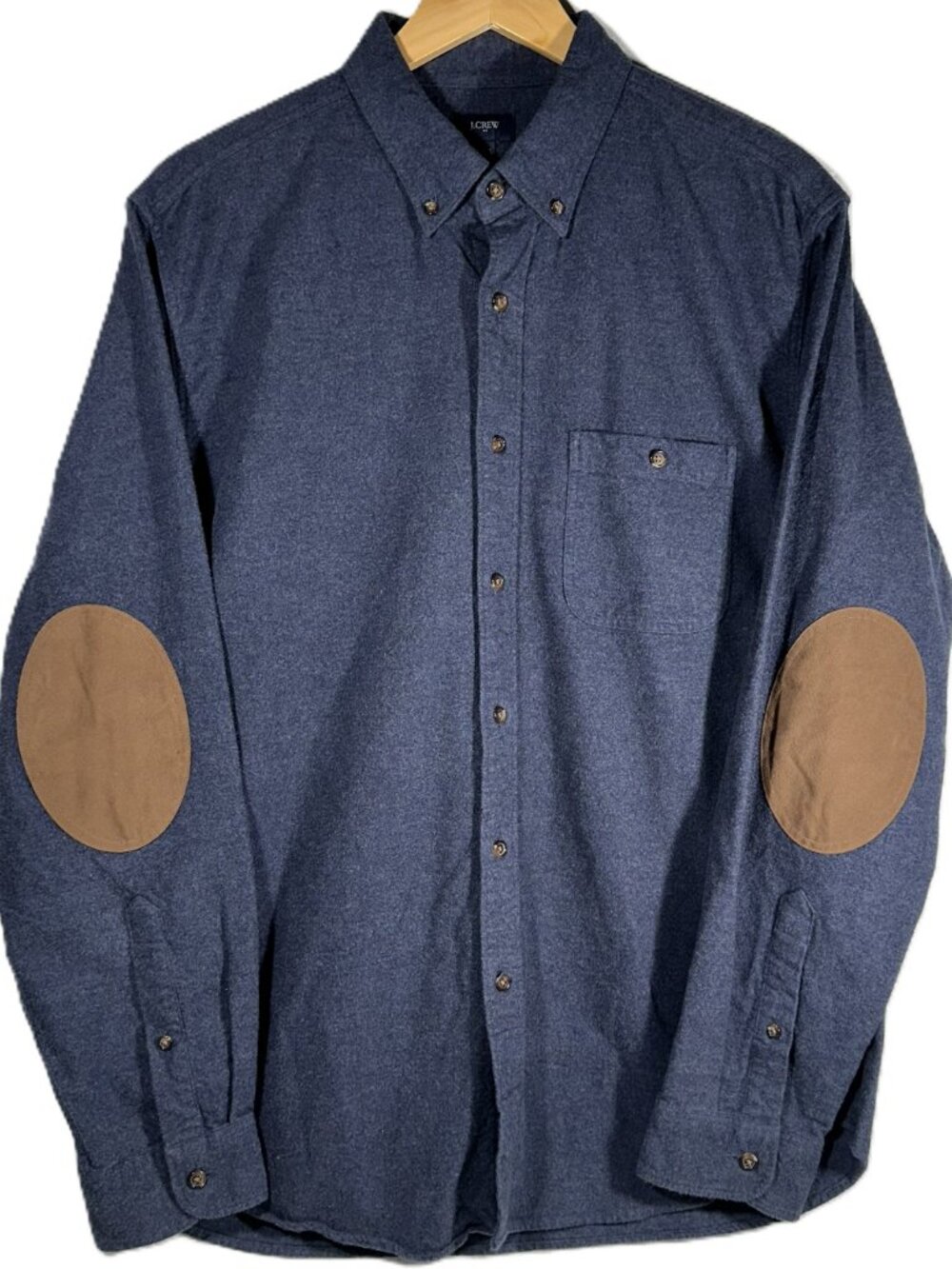 J.Crew Mens L Blue Flannel Shirt Brown Suede Elbow Patch Button Down Workshirt